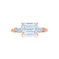 East-West Emerald Cut Diamond Engagement Ring with 2 Tapered Baguette Side Stones in 18K Rose Gold