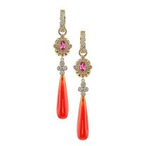 Erica Courtney "Flame" Fire Opal Earrings with Pink Spinel and Diamond Charm on Huggies