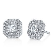 McCaskill & Company Signature Collection 18K White Gold Asscher Cut Diamond with Double Halo Stud Earrings